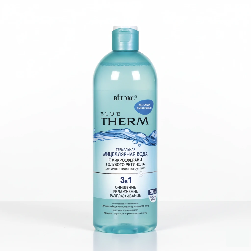 THERMAL MICELLAR WATER with blue retinol microspheres for the face and skin around the eyes میسلار واتر بلودرم حاوی رتینول آبی برای صورت و چشم ها 500 میلی لیتر
