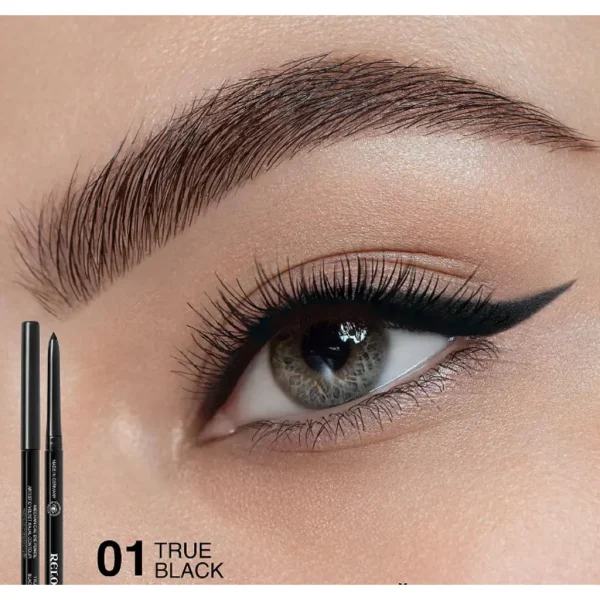 مداد چشم پیچی رلیوس مدل VELVET KAJAL با بافت کرمی رنگ مشکی تست روی چشم